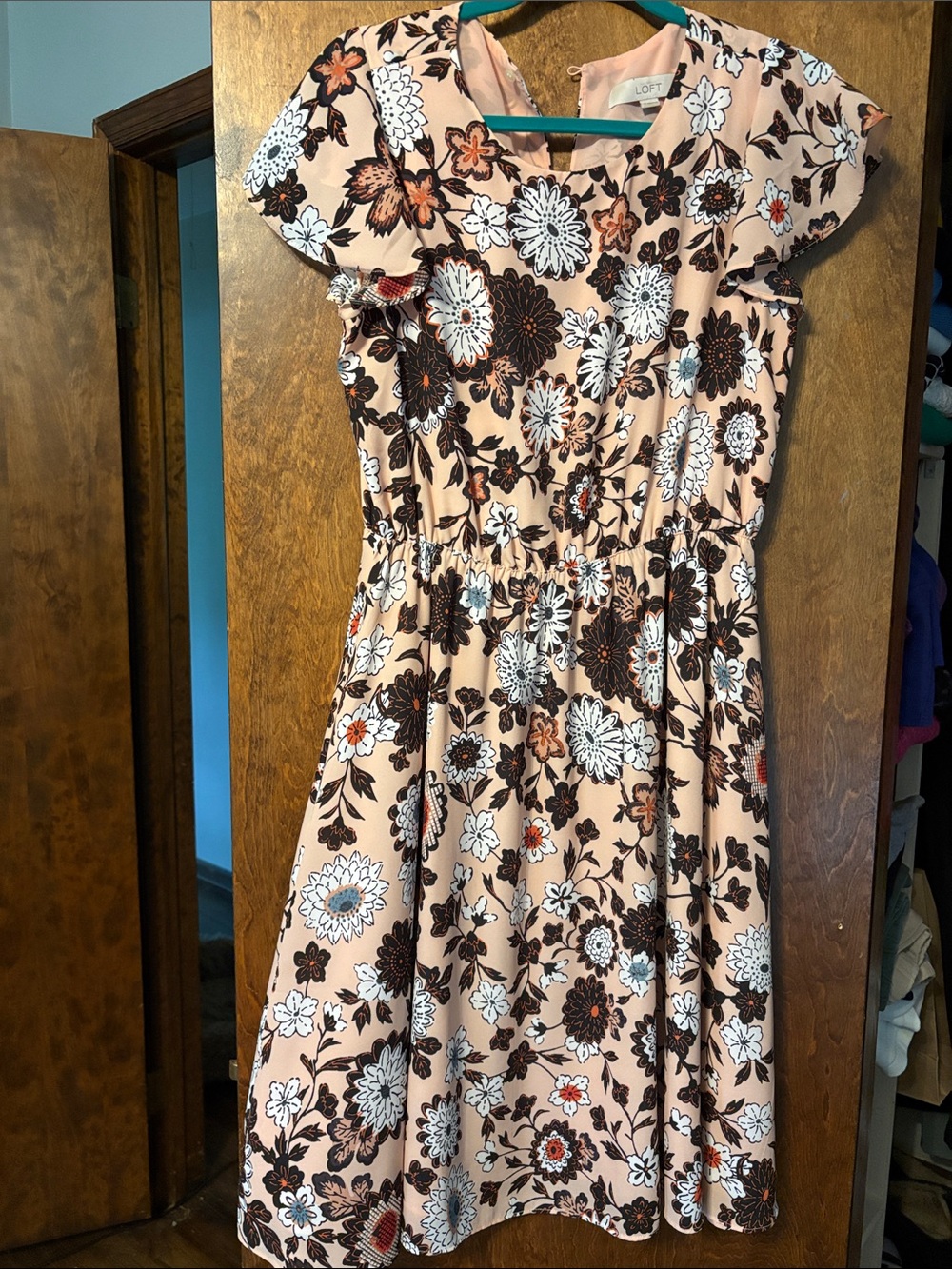 LOFT Pink Floral Blouse with Black and White Print